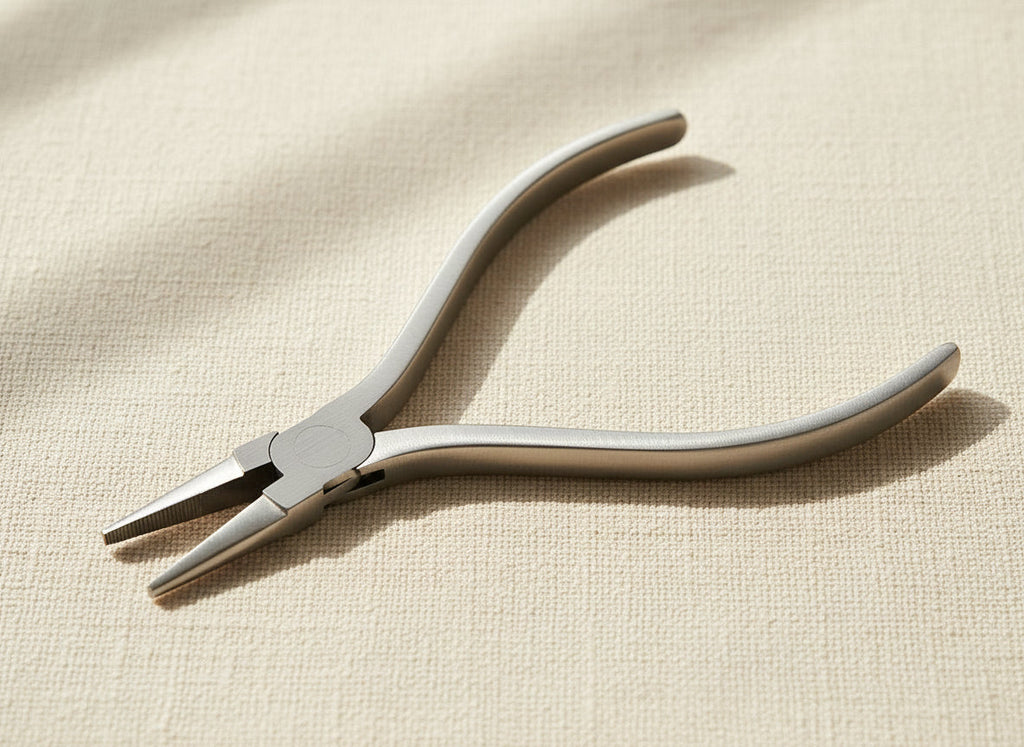 Close-up of slim stainless steel flat nose pliers jaws for jewellery work