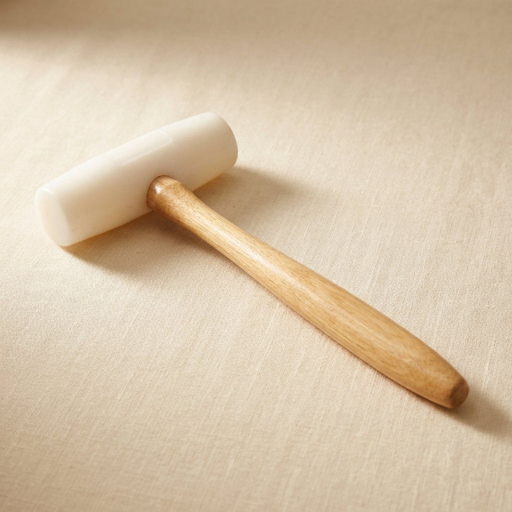 Close-up of the large, non-marring nylon head of the jewellery forming hammer.