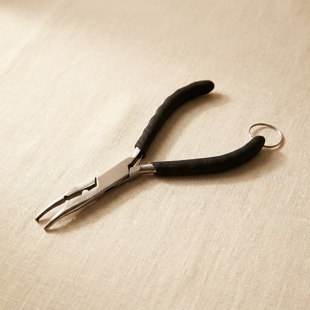 Curved 14cm stainless steel fishing pliers, a versatile hook remover and split ring tool for jewellery making.