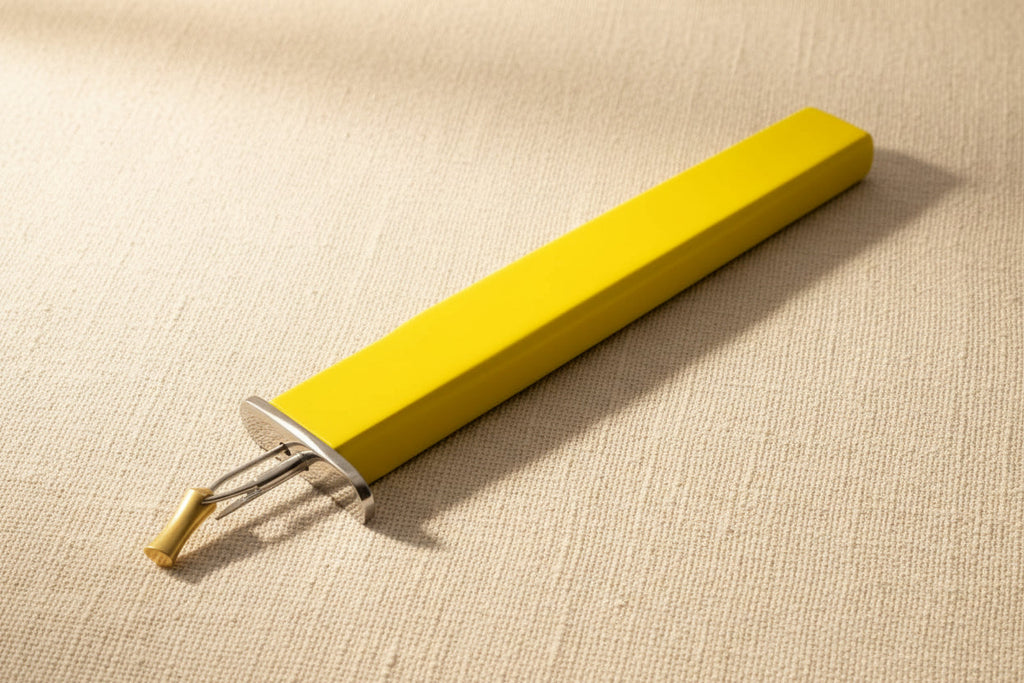 Close-up of the yellow beading knotting tool's precision tip for creating consistent knots