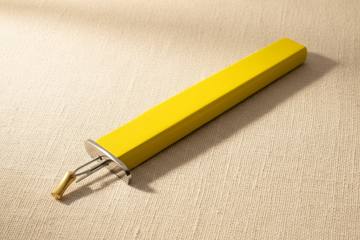 Close-up of the yellow beading knotting tool's precision tip for creating consistent knots