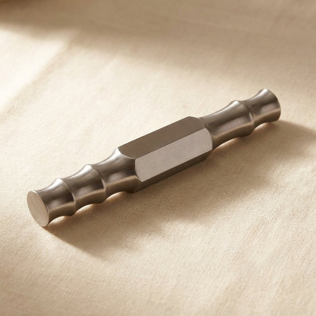 Close-up of the highly polished, hardened steel forming stake's synclastic and anticlastic surfaces.