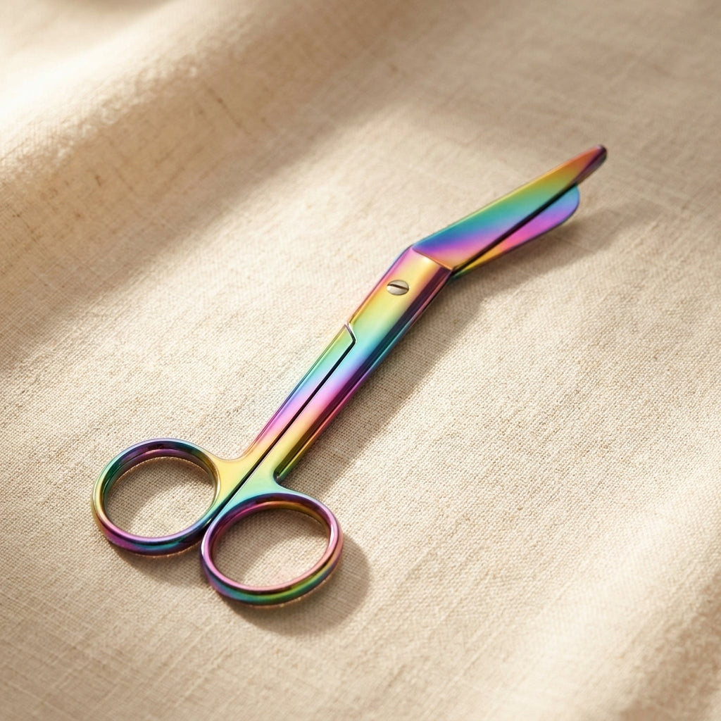 Close-up of Rainbow Lister bandage scissors' multi-coloured anodised finish and Tensionrite clip.