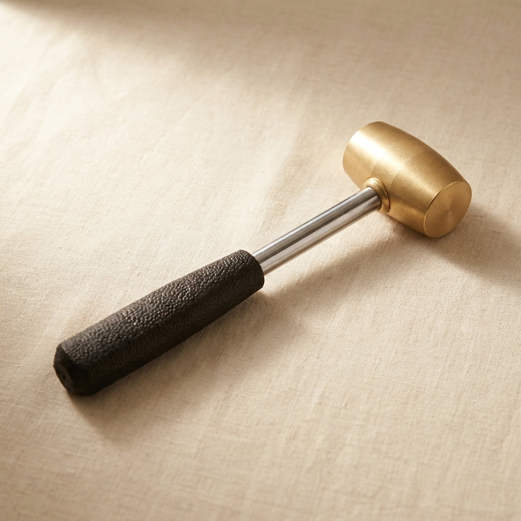 Close-up of the heavy brass mallet head with steel handle, showing its 2lb weight.