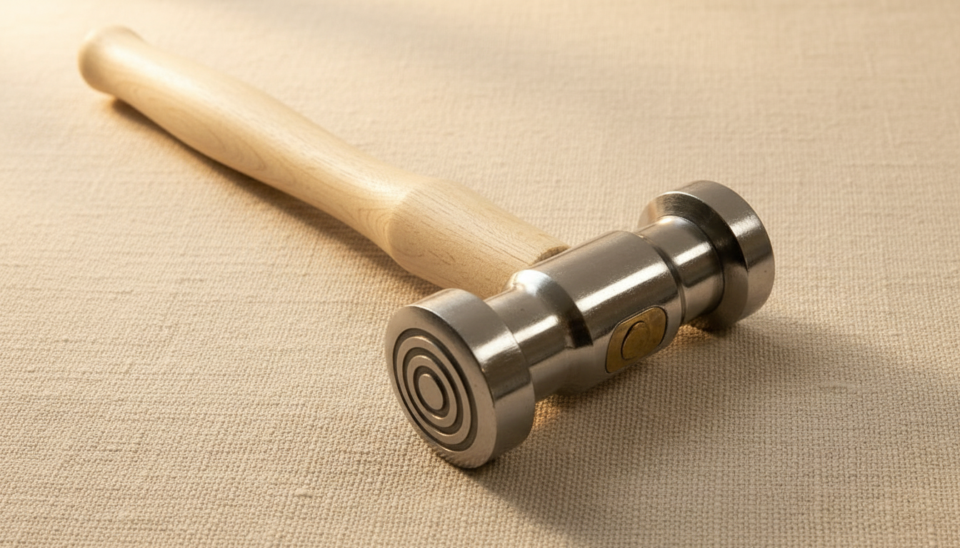 Close-up of the round texturing head of the metalworking hammer, showing the bullseye pattern.