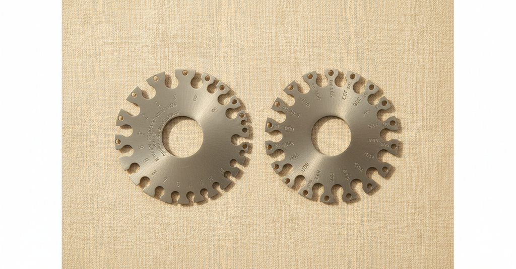 Wire gauge tool for measuring metal thickness in US, metric, and imperial units.