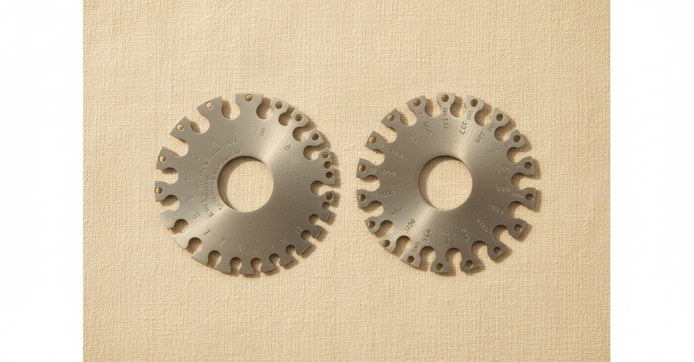 Wire gauge tool for measuring metal thickness in US, metric, and imperial units.