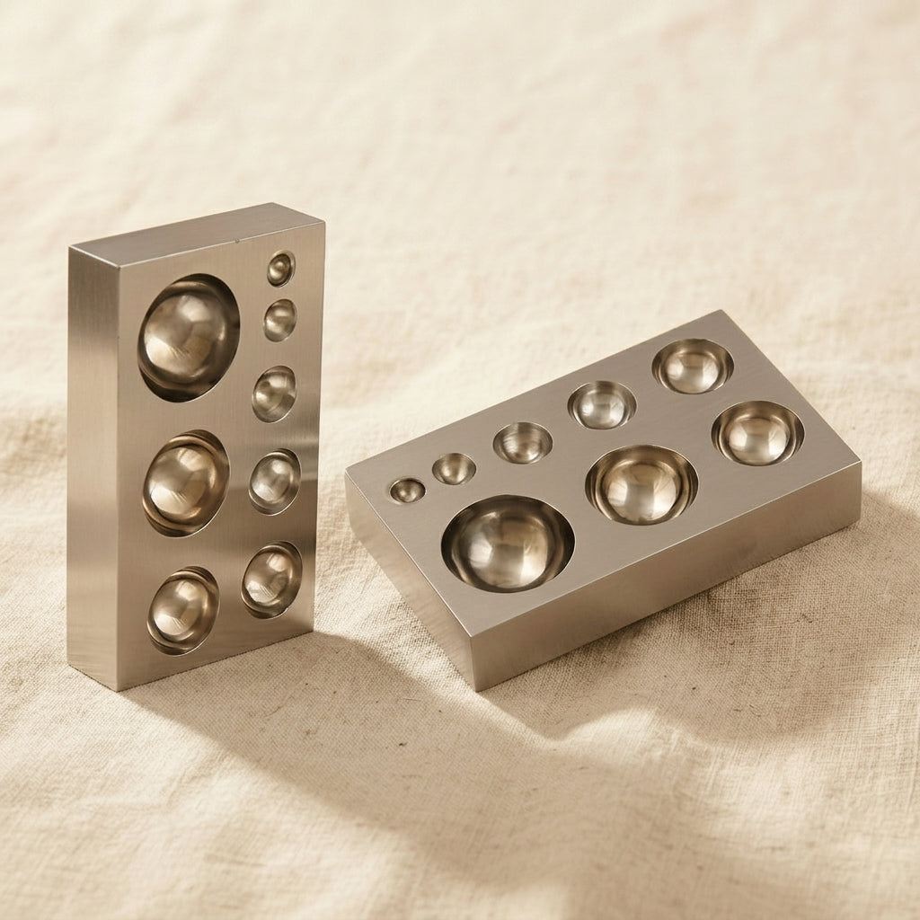 Mini steel dapping block with 8 half-sphere depressions for jewellery forming
