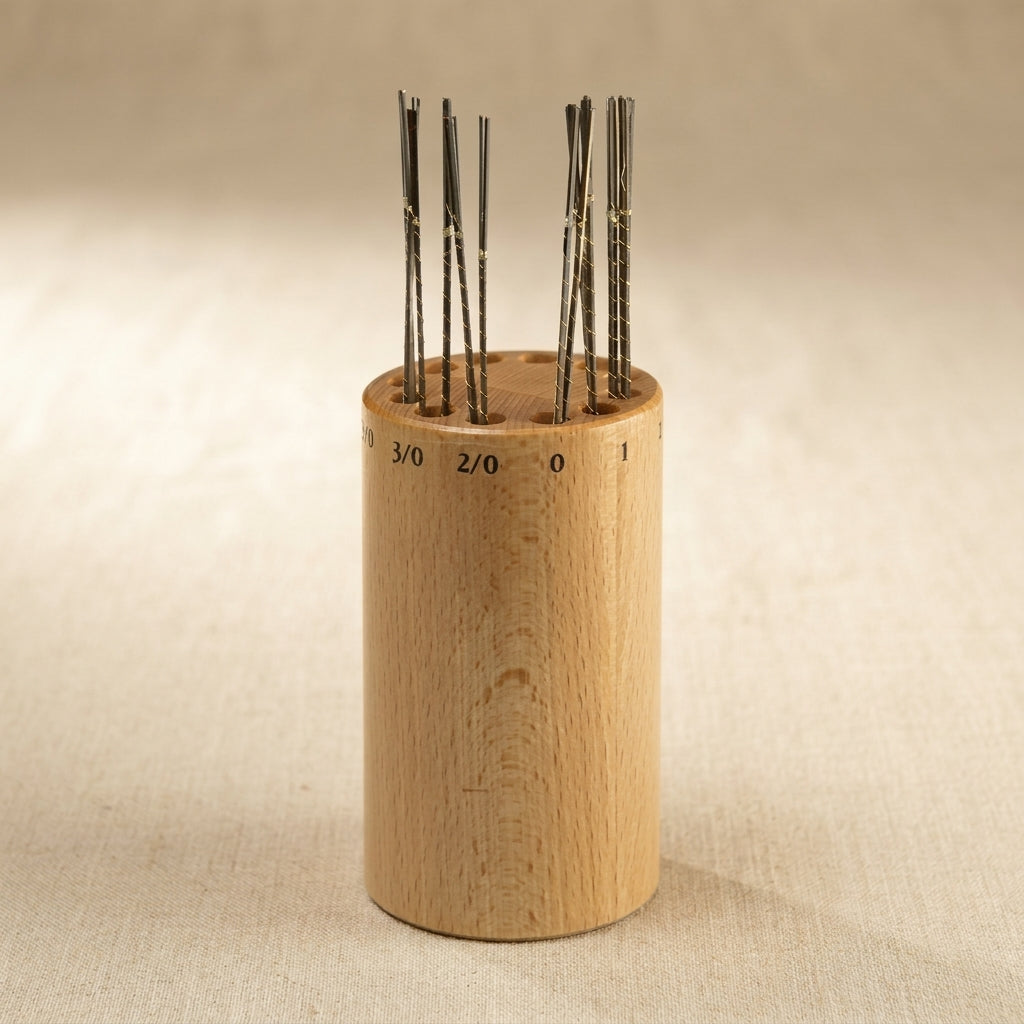 Wooden organiser for 12 jewellery saw blades, with helpful markings for jewellers.