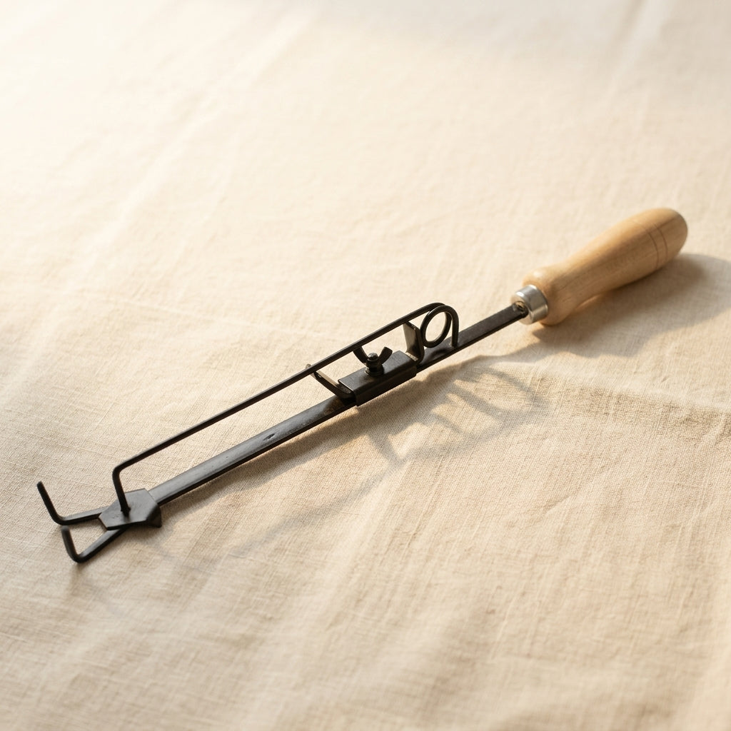 14 inch crucible tongs with wooden handle, a black metal jewellery casting tool for silversmiths.
