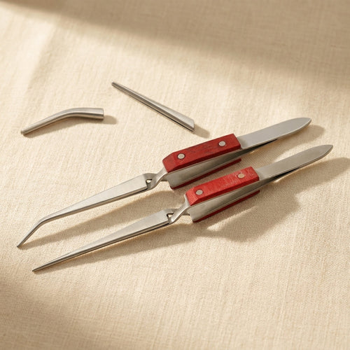 Stainless steel reverse action tweezers for jewellery soldering, with straight and curved tips