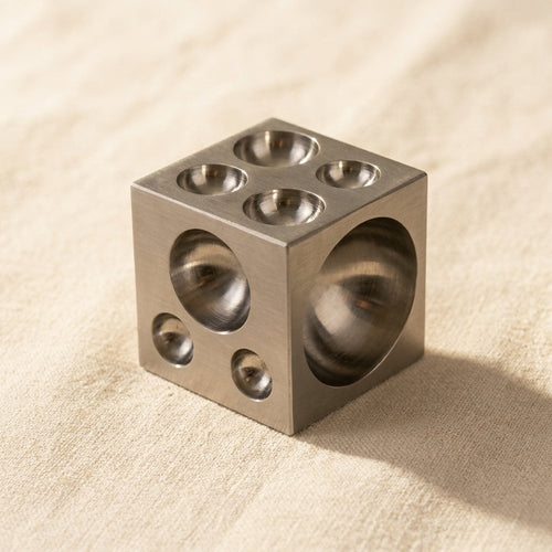 Steel dapping block for jewellery making, metal shaping, with multiple hemispherical depressions.