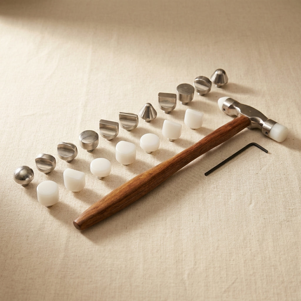 Jewellery forming hammer set with interchangeable nylon and steel heads and wooden handle