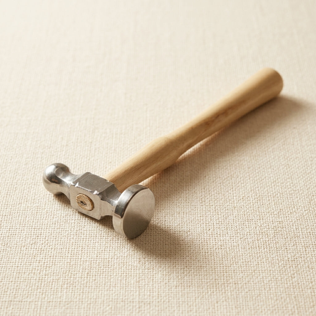 German style 28mm ball peen chasing hammer with bow face and wooden handle for silversmithing.
