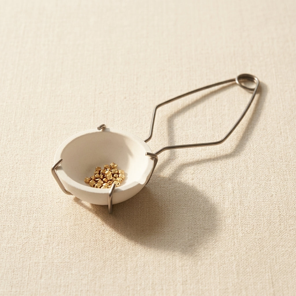 Crucible dish and parallel-action tongs for melting gold and silver.