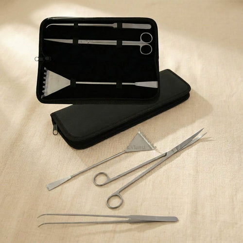 Stainless steel aquarium cleaning set: spatula, shears, and tweezers in a black pouch