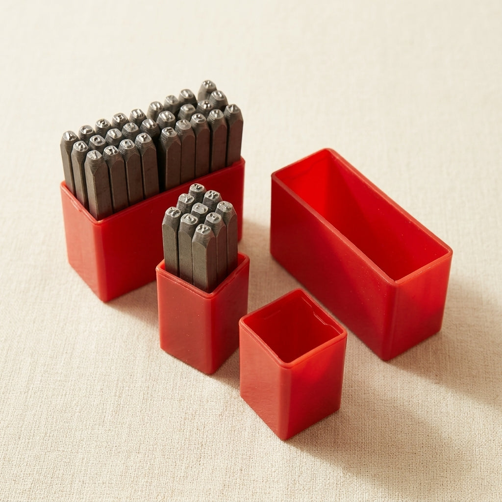 Steel set of 1.5mm letter, number, and symbol stamps for jewellery marking with storage cases