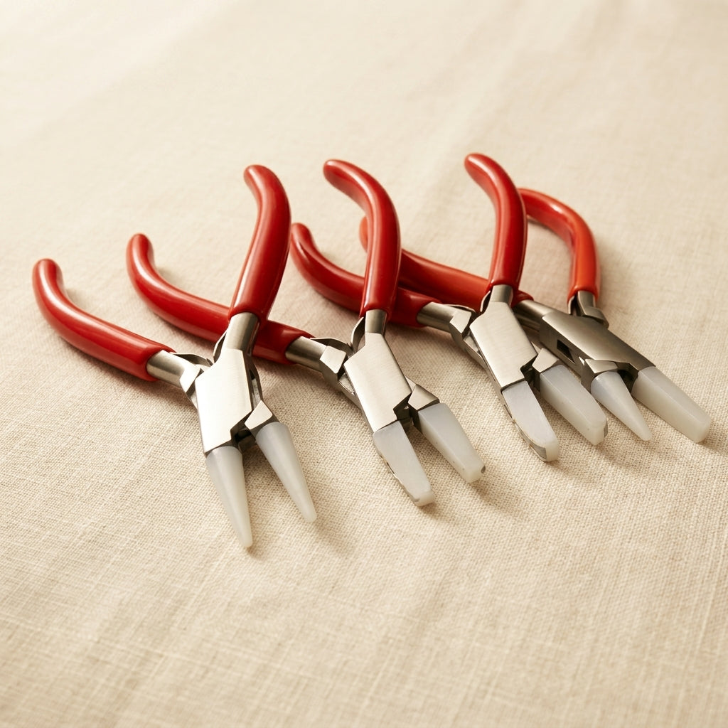 Four-piece nylon-jawed jewellery pliers set for wire forming, with storage case