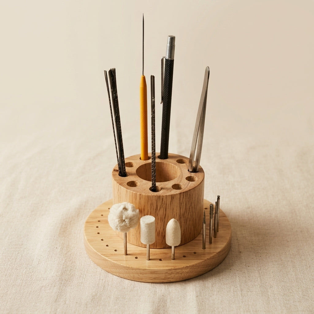 Wooden organiser for 42 saw blades and jewellery making tools, 125mm base.