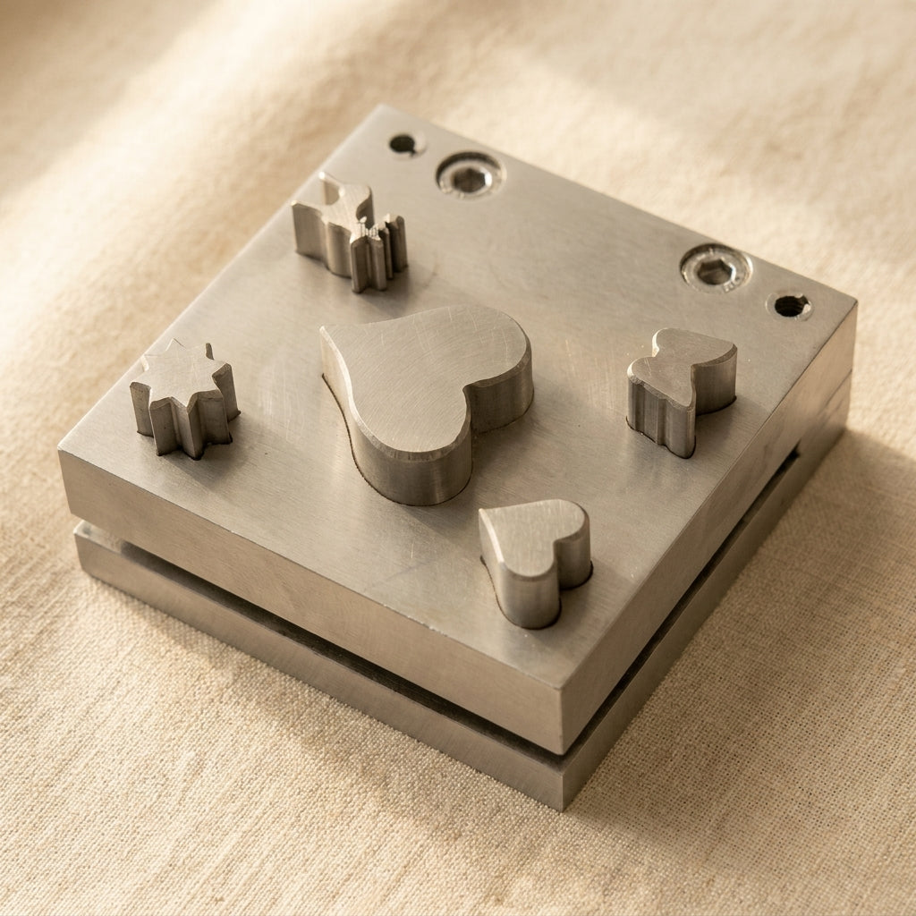 Steel disc cutter set for jewellery making, with five multi-shaped dies for punching blanks.