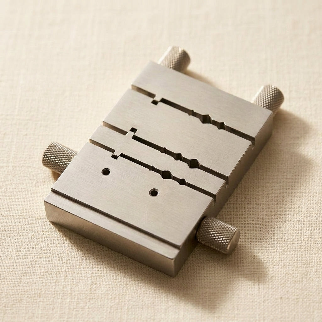 Multi-angle jewellery cutting jig vise for precise metal tube mitres at 45-135 degrees.
