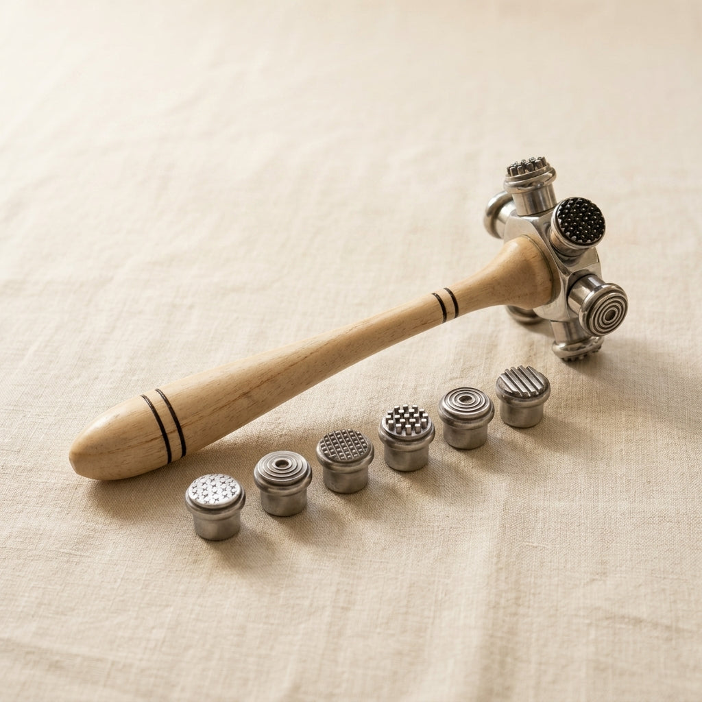 6-in-1 jewellery texture hammer with interchangeable patterned heads and wood handle