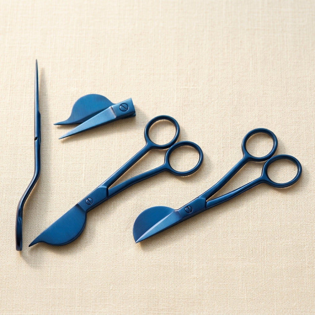 6 inch blue half duckbill embroidery scissors, curved stainless steel blades, offset handle for fabric crafts