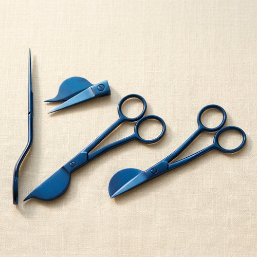 6 inch blue half duckbill embroidery scissors, curved stainless steel blades, offset handle for fabric crafts