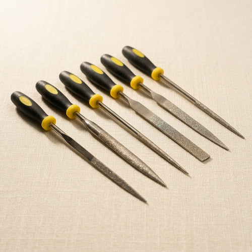 6-piece diamond needle file set for detailed jewellery work, 140 grit precision steel files in multiple shapes.