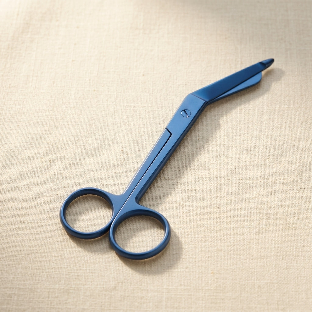 Blue 4.5 inch stainless steel Lister scissors for cutting bandages and fine materials.