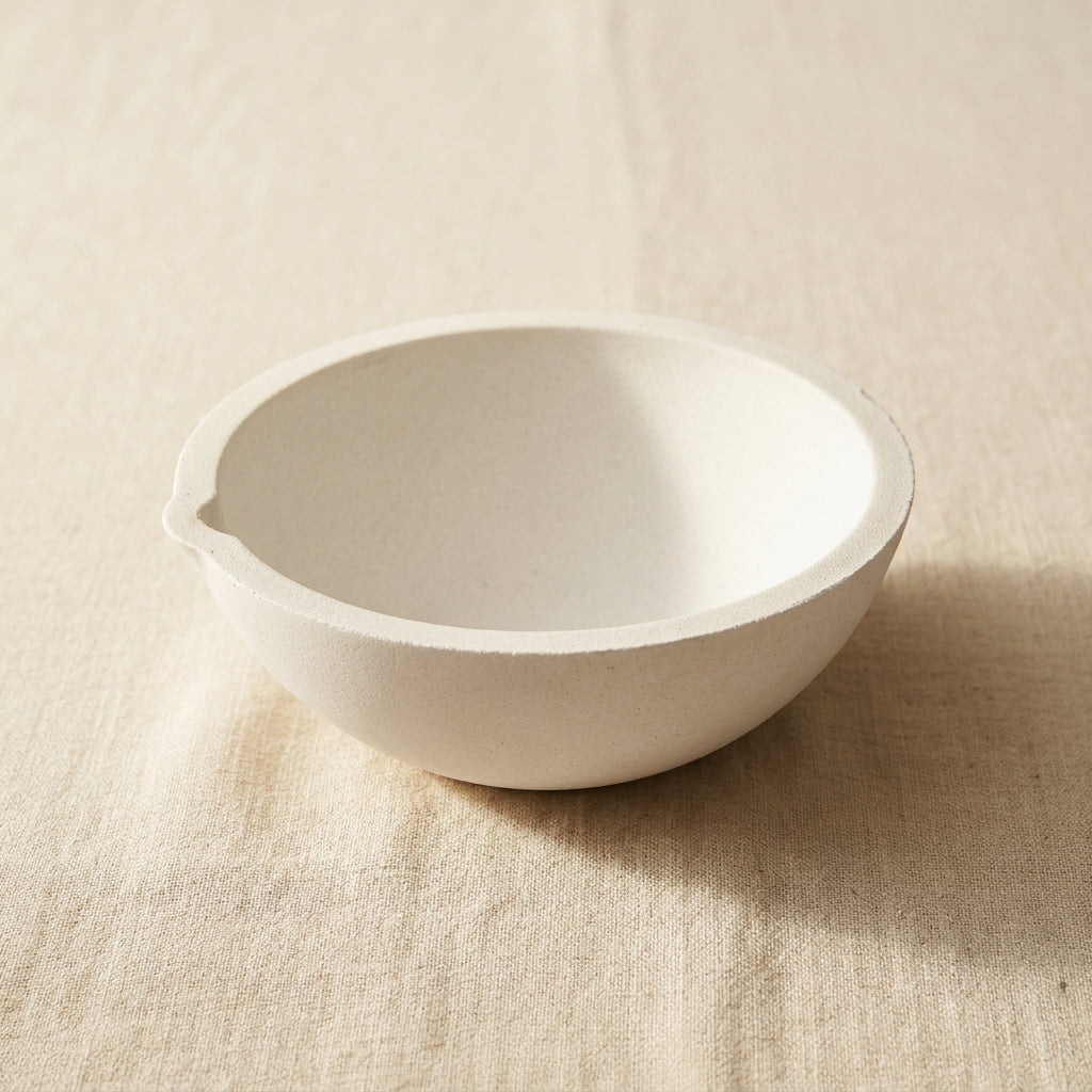 Fused silica crucible dish for melting precious metals, 250g capacity, 3 inch diameter.