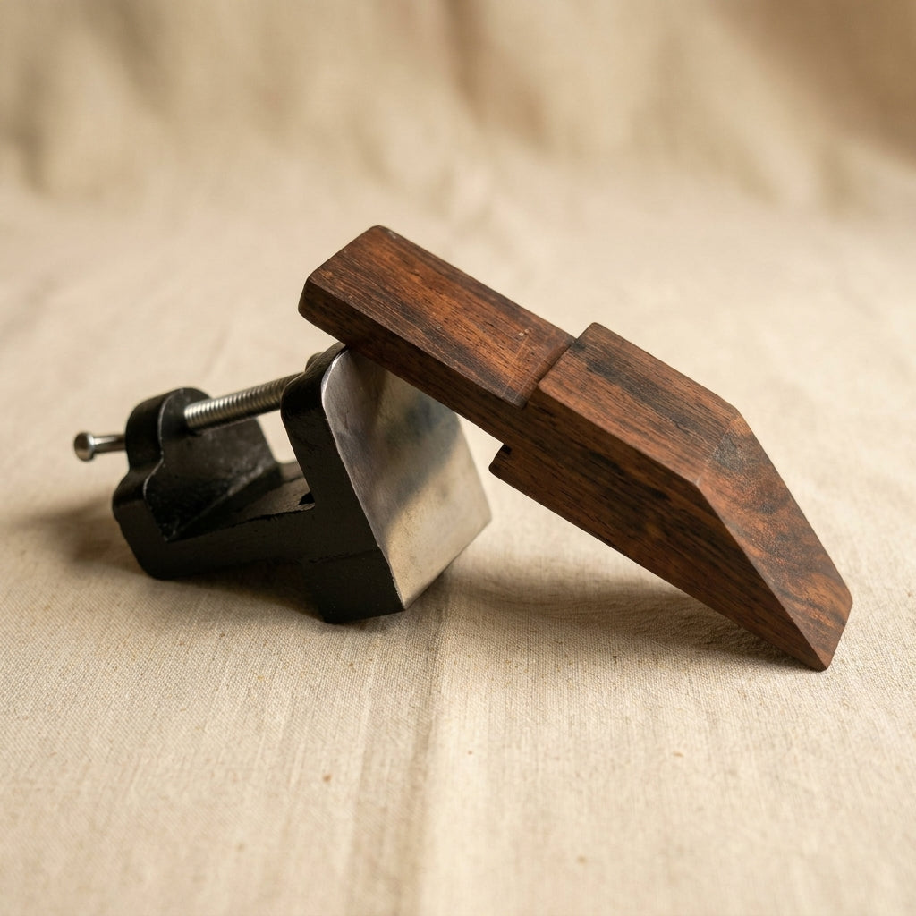 Jewellery making bench pin and anvil peg clamp, a multi-purpose wood and steel silversmithing tool.