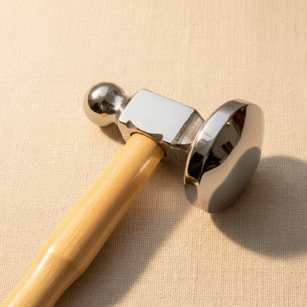 Jewellery chasing hammer with 38mm bowed steel face and wooden handle for shaping metal