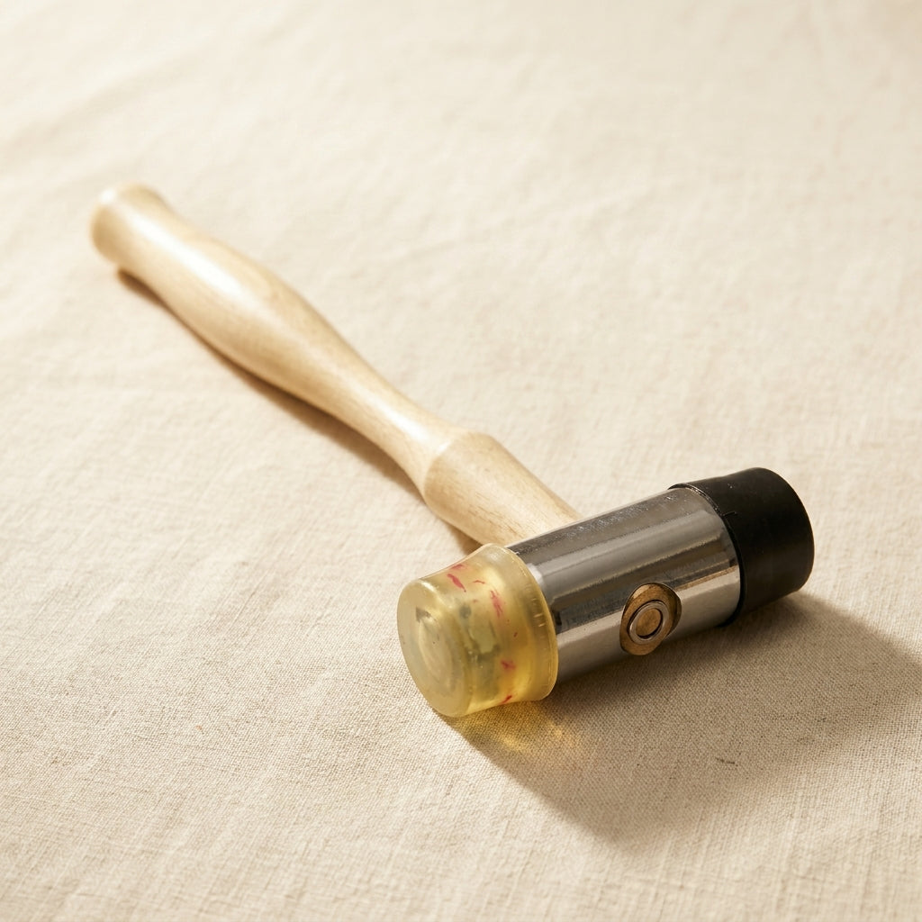 Double-ended jeweller's mallet with plastic and rubber heads for forming metal