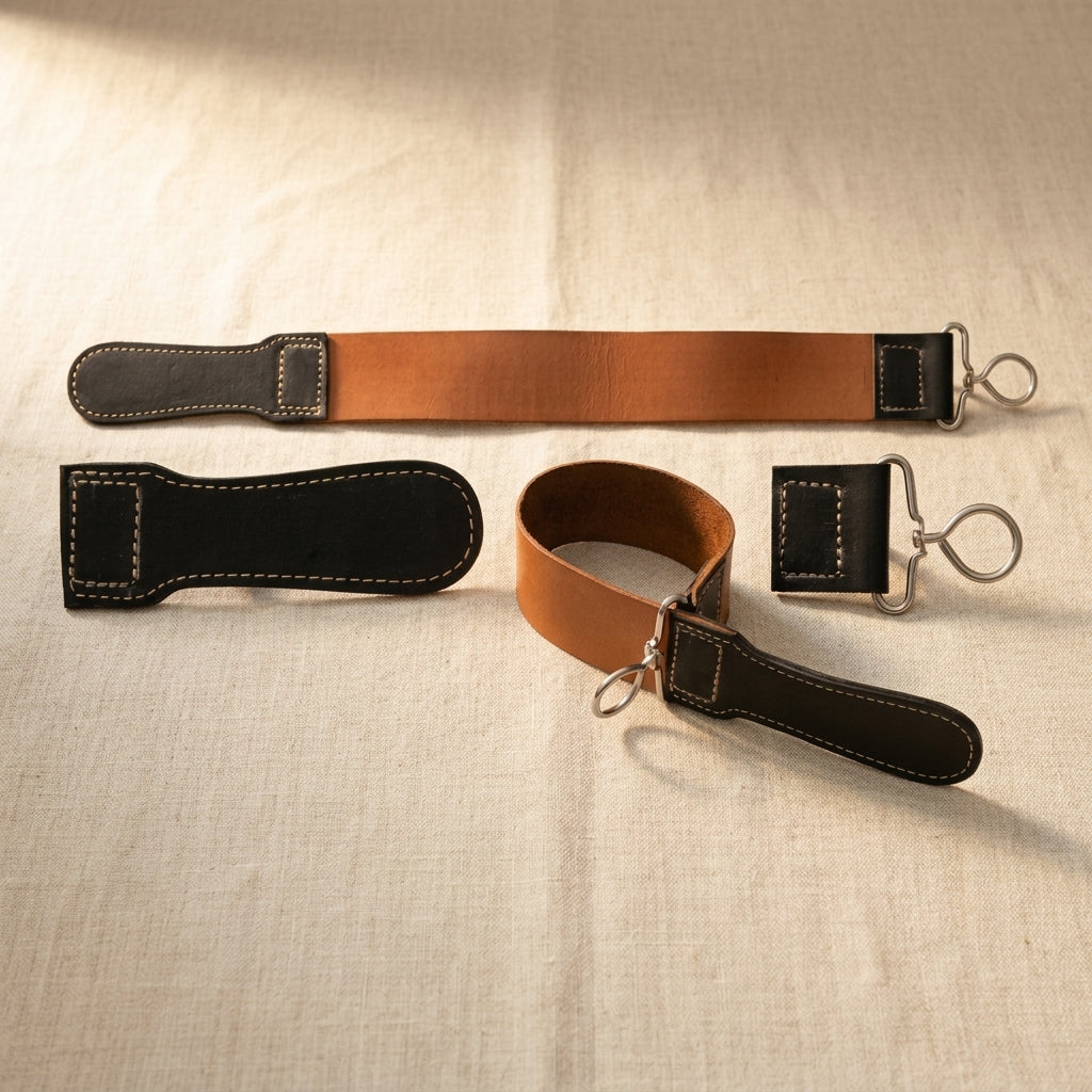 Leather strop belt for sharpening straight razors, 17 inches long, 2 inches wide