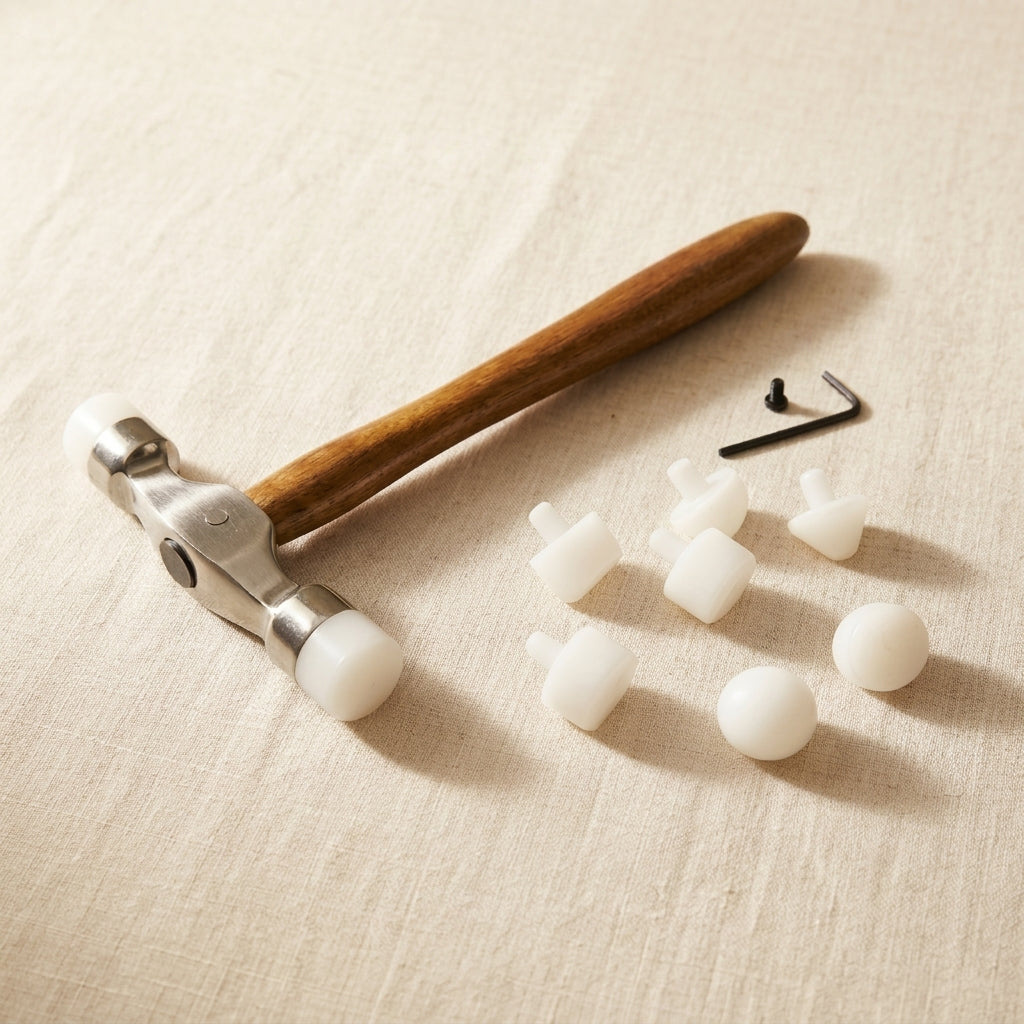 Dual-head nylon hammer with soft-touch plastic tips for jewellery forming and metal shaping