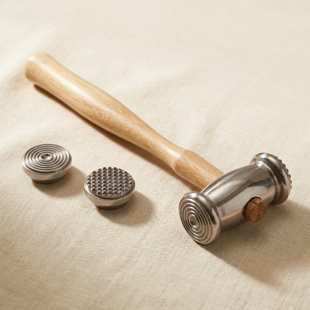 Jewellery texturing hammer with wooden handle, featuring thin circles and speckles patterns on dual heads.