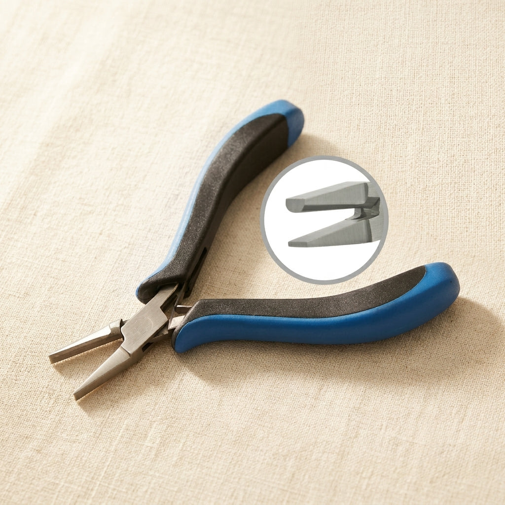 Ergonomic flat nose pliers, 125mm stainless steel with blue and black handles for jewellery making.