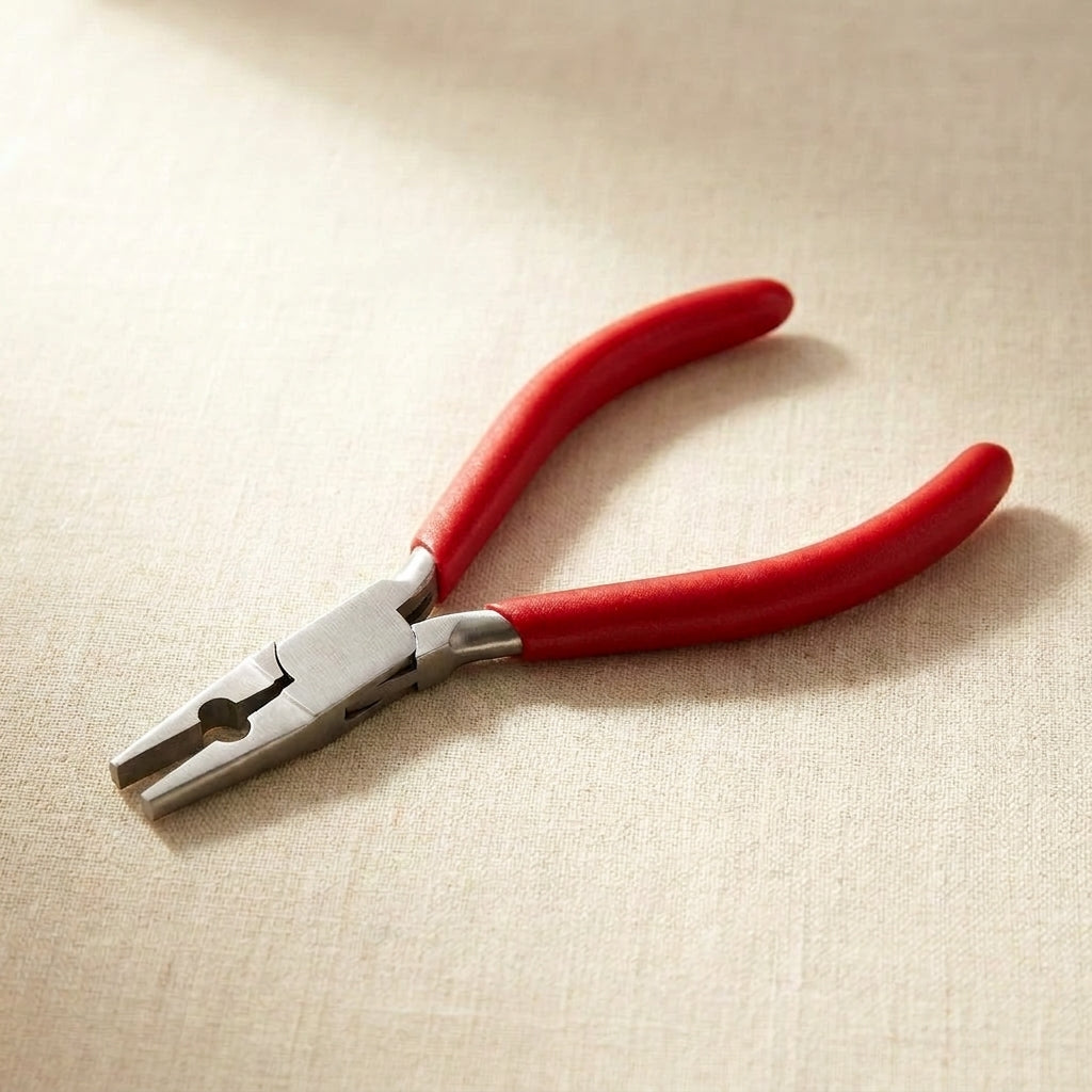 Flat nose jewellery pliers in stainless steel with a hole for holding jump rings and pipes, 130mm