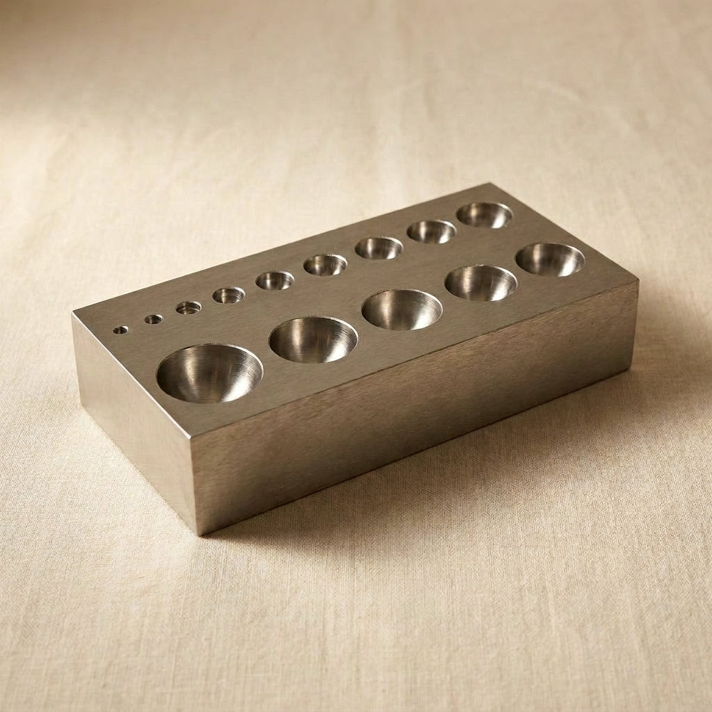 Flat hardened steel dapping block with 14 half-sphere depressions for jewellery forming.
