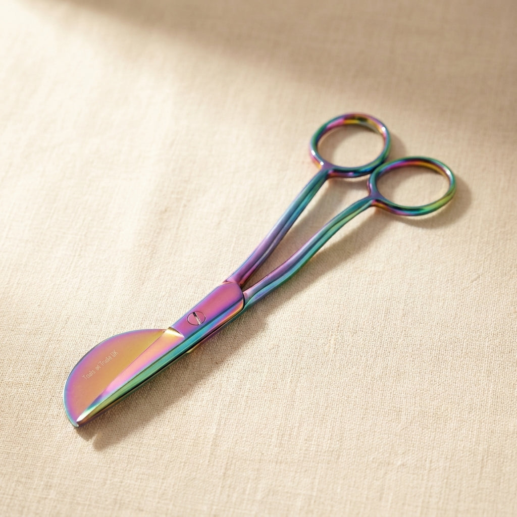 Rainbow duckbill applique scissors, 6-inch curved offset handle, for fabric cutting