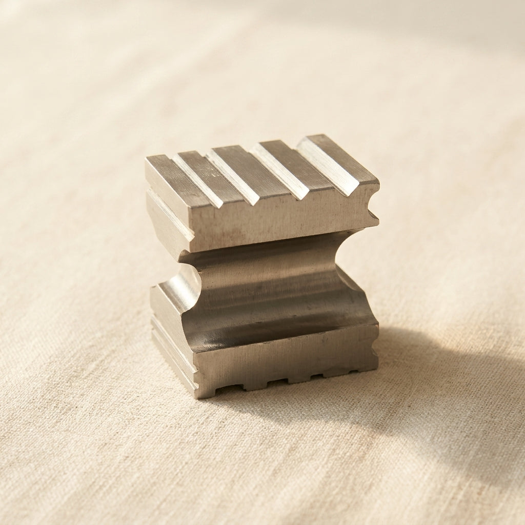 Steel swage block with multiple shaping grooves for jewellery making, including half-round and square impressions.