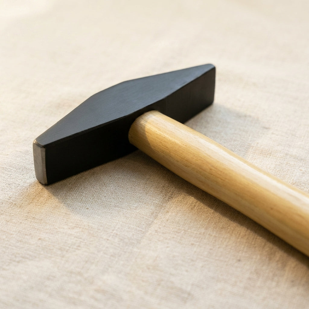 Silversmith grooving hammer with thick edge and wooden handle for metal forming