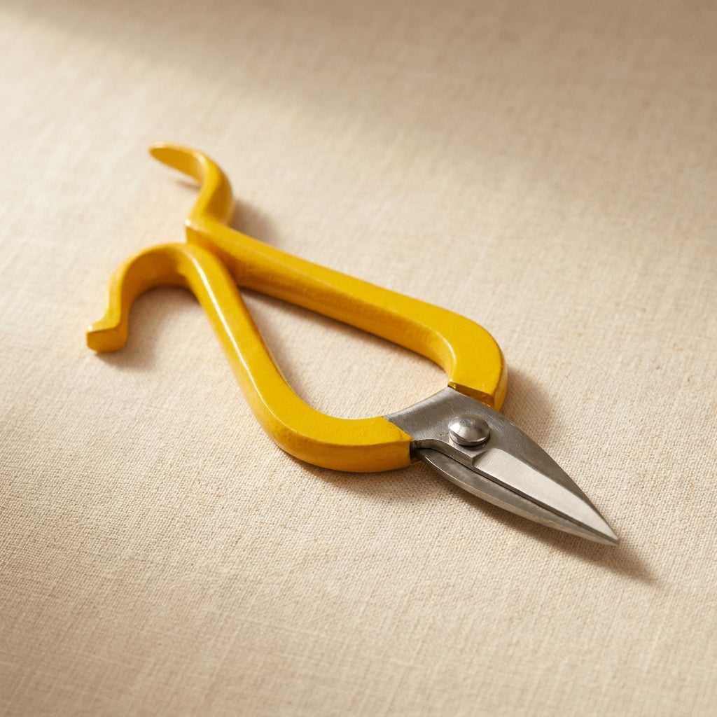 Stainless steel jewellers shears with short curved blades and yellow handles, 5.25 inch.