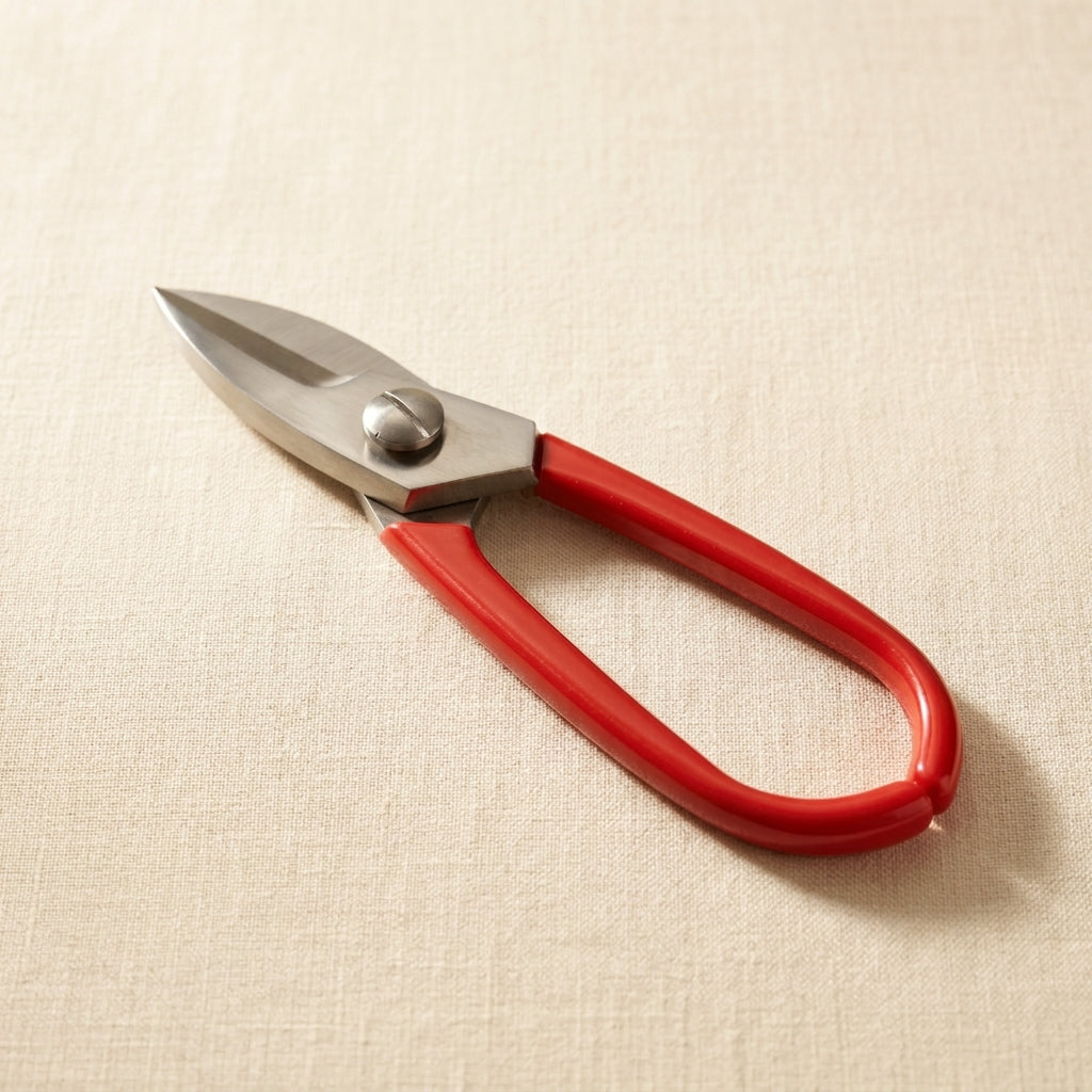 Wide-bladed stainless steel silversmith shears for cutting sheet and strip, 7.25 inches long.