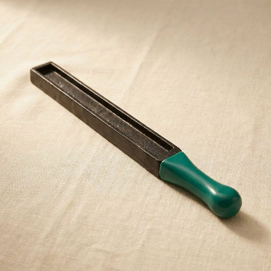 Large cast iron ingot mould for melting silver and gold, with a comfortable PVC handle.