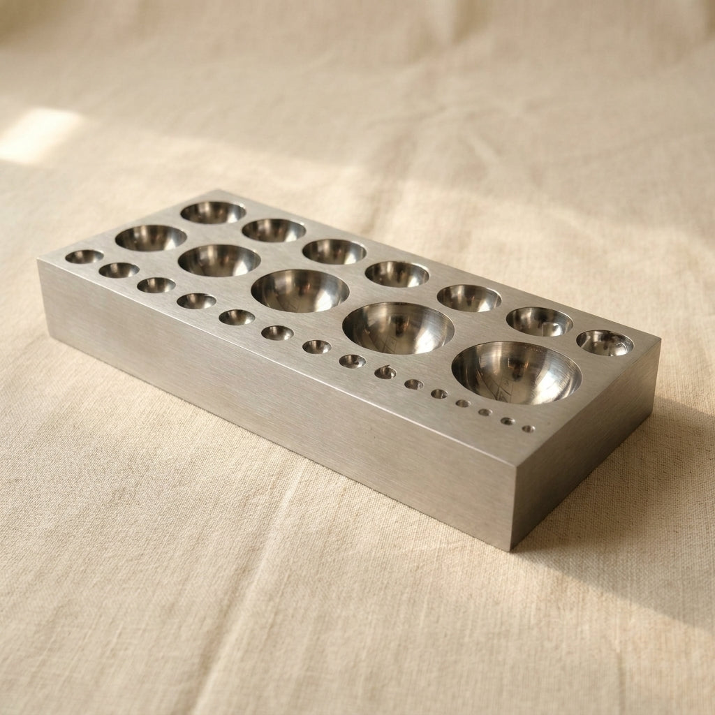 Hardened steel dapping block with 27 half-sphere depressions for jewellery forming, 130mm x 64mm.
