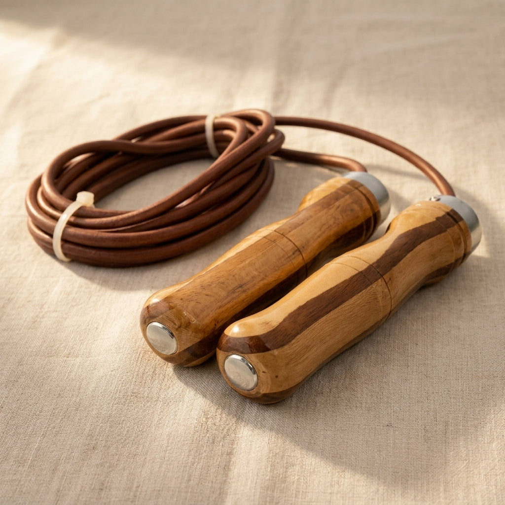 Leather skipping rope with polished wooden handles, adjustable for gym workouts