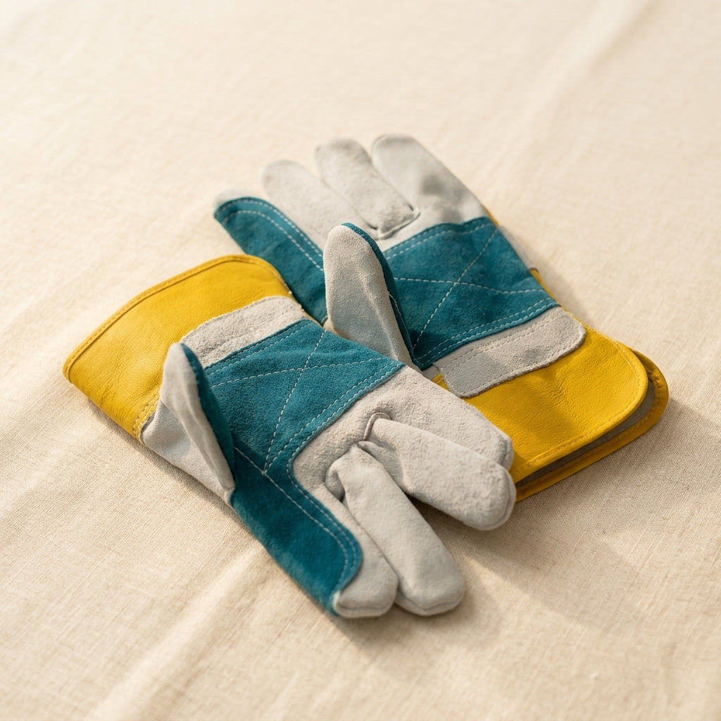 Blue and yellow Canadian rigger style leather safety gloves for jewellery making