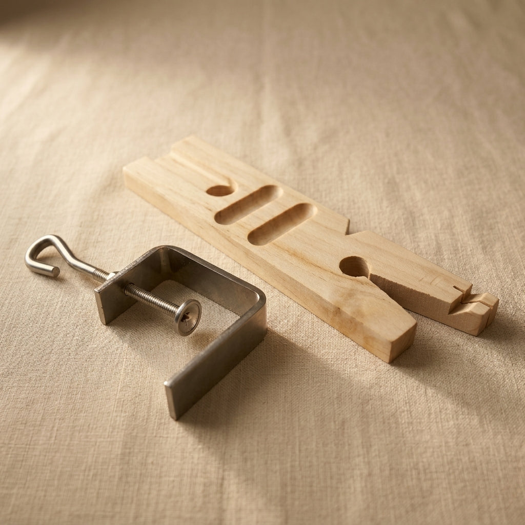 Jewellery bench saw pin vice with V-slot clamp and ring cutting jig, 7-inch overall length.